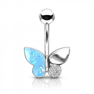 Piercing nombril papillon  ailes de cristal et opale - Bleu aqua