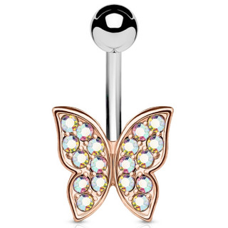 Piercing nombril papillon aux ailes cuivres serties de cristaux aurore borale