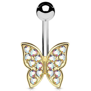 Piercing nombril papillon aux ailes dores serties de cristaux aurore borale