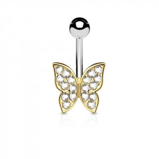 Piercing nombril papillon aux ailes dores serties de cristaux clairs