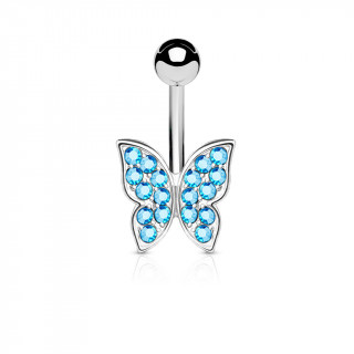 Piercing nombril papillon aux ailes serties de cristaux aqua