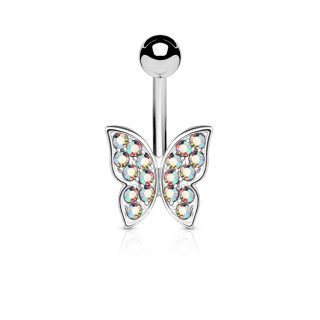 Piercing nombril papillon aux ailes serties de cristaux aurore borale