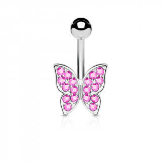 Piercing nombril papillon aux ailes serties de cristaux roses