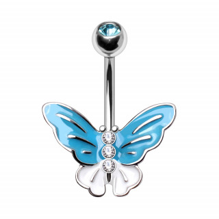 Piercing nombril  papillon bleu et blanc serti