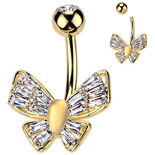 Piercing nombril papillon dor� � ailes de zirconiums �tincelants