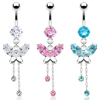 Piercing nombril papillon et zircons en pendentifs