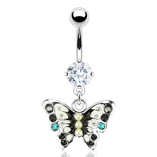 Piercing nombril papillon noir et gris perl et serti