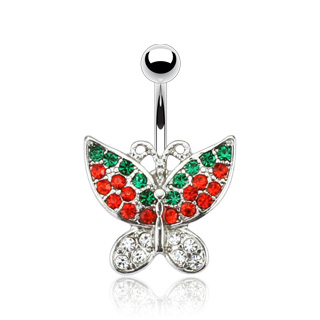 Piercing nombril papillon pav� de pierres claires, rouges et vertes