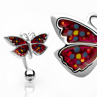 Piercing nombril invers papillon rouge  pois multicolores