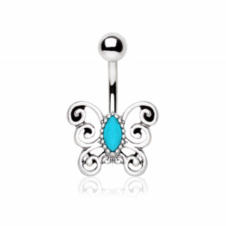 Piercing nombril papillon style antique avec turquoise