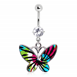 Piercing nombril papillon vert, bleu et rose  taches noires