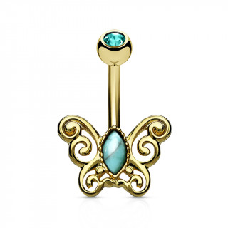 Piercing nombril papillon vintage  turquoise - dor