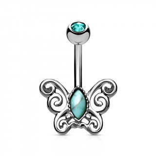 Piercing nombril papillon vintage  turquoise - gris mtal