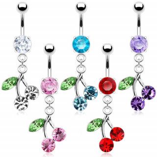 Piercing nombril pendentif cerises et feuille