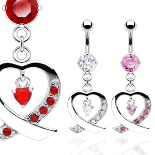 Piercing nombril pendentif coeur ruban crois�