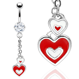 Piercing nombril pendentif coeurs rouges et blancs