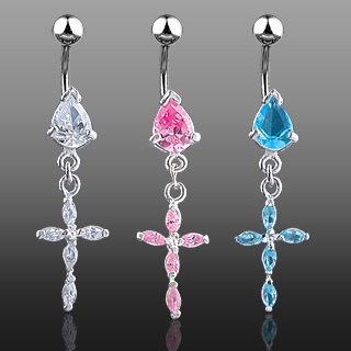 Piercing nombril pendentif croix de pierres