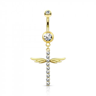 Piercing nombril pendentif croix strass aile - Dor