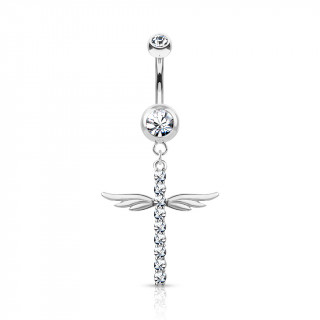 Piercing nombril pendentif croix strass aile - Gris