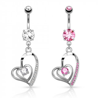 Piercing nombril pendentif double coeur strass