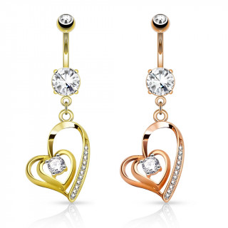 Piercing nombril pendentif double coeur strass plaqué or