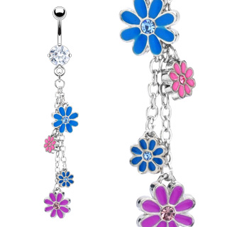 Piercing nombril pendentif 4 fleurs serties