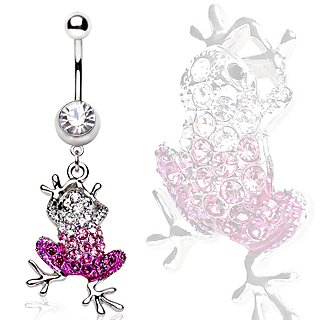 Piercing nombril pendentif grenouille  strass clairs et roses