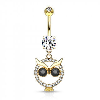 Piercing nombril pendentif hibou rond - Plaqu or