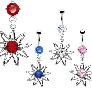 Piercing nombril pendentif soleil serti