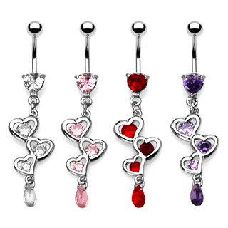 Piercing nombril pendentif triple coeur serti