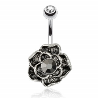 Piercing nombril plaqu hmatite avec fleur  pierre noire