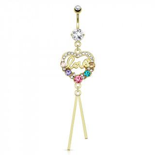 Piercing nombril plaqu or  coeur multicolore avec love au centre