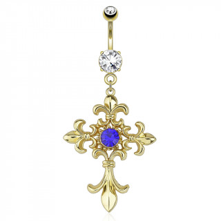 Piercing nombril plaqu or avec croix  fleurs de Lys et pierre bleue