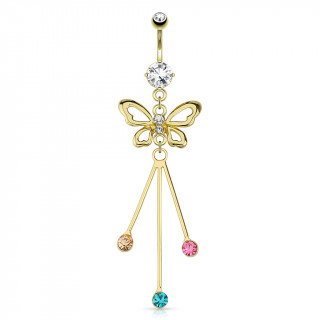 Piercing nombril plaqué or avec papillon et barettes serties