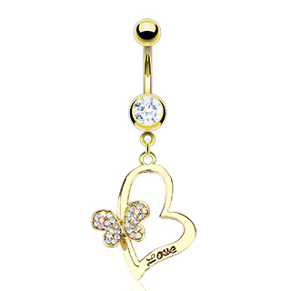 Piercing nombril plaqu or coeur et papillon pav de pierres