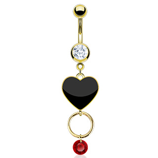Piercing nombril plaqu or coeur noir, anneau et pierre rouge