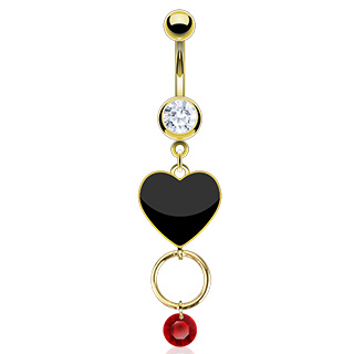 Piercing nombril plaqu� or coeur noir, anneau et pierre rouge