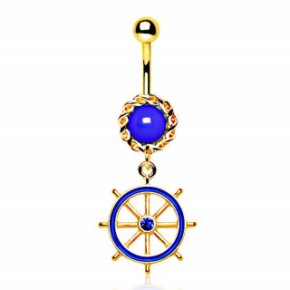 Piercing nombril plaqu or et bleu  barre (roue) de bateau