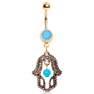 Piercing nombril plaqu or hamsa vintage ouverte avec turquoises