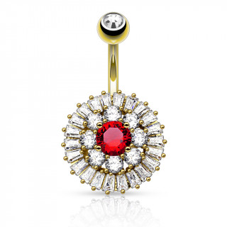 Piercing nombril plaqu or style bouton de fleur majestueux  strass clairs et rouge