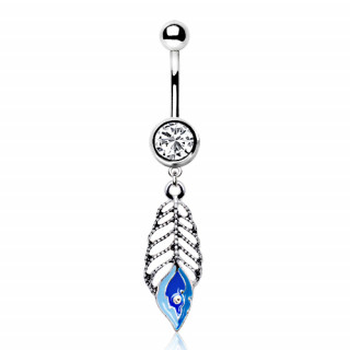 Piercing nombril plume de paon bleue