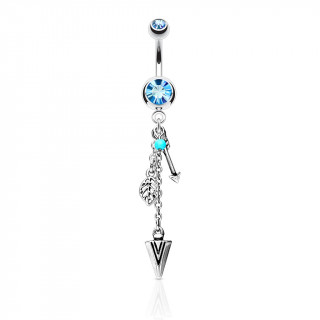 Piercing nombril  plume, flches et perle turquoise - bleu aqua