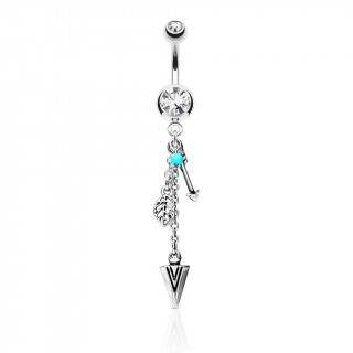 Piercing nombril  plume, flches et perle turquoise - clair