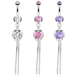 Piercing nombril rose sertie avec chaines torsades