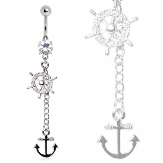 Piercing nombril roue de bateau  strass et ancre marine