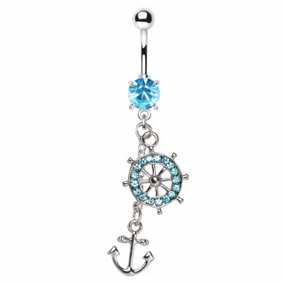 Piercing nombril roue de navire  strass bleus et ancre marine