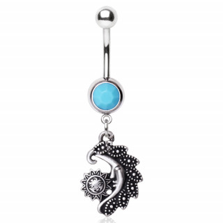 Piercing nombril soleil et lune style vintage avec turquoise