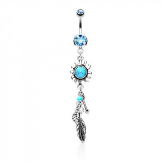 Piercing nombril soleil tribal  turquoise, plumes et flche - bleu aqua