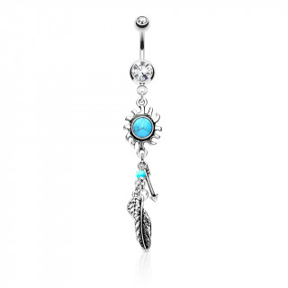 Piercing nombril soleil tribal  turquoise, plumes et flche - clair