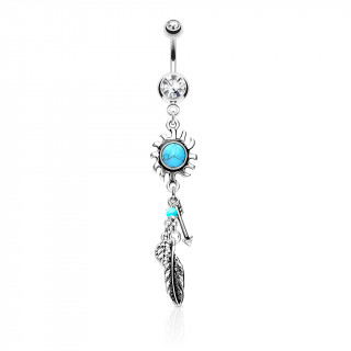 Piercing nombril soleil tribal  turquoise, plumes et flche - clair